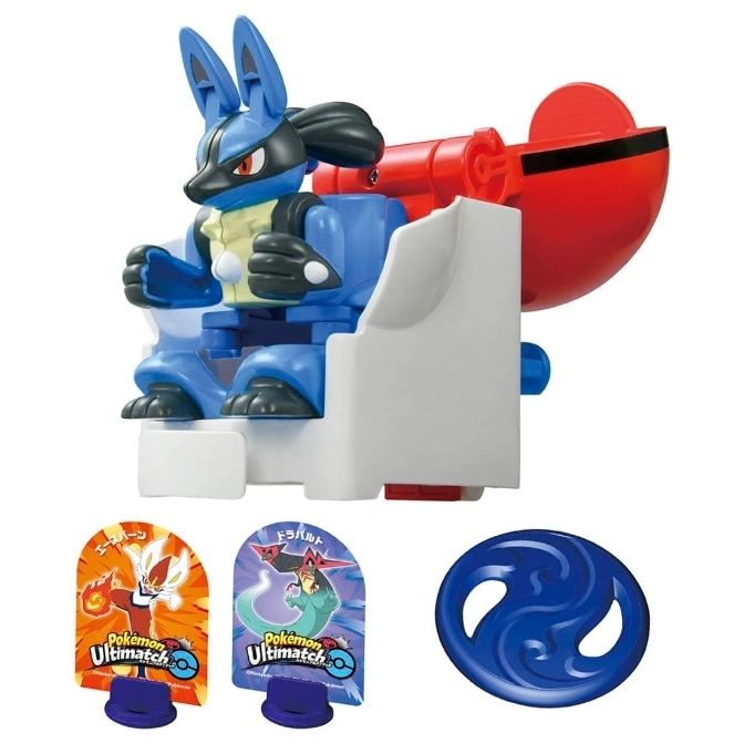 Lucario toy in a launcher seat with character cards and a blue disc.