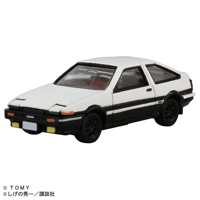 White and black Toyota AE86 diecast model car with pop-up headlights and black wheels.