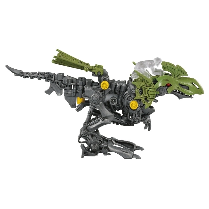  Green and gray mechanical dinosaur toy with a clear figure on its back.