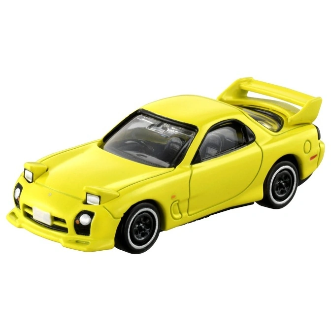  Yellow Mazda RX-7 FD3S toy car with spoiler and pop-up headlights.