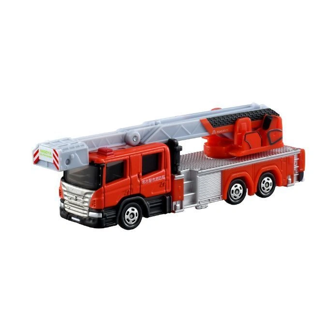 Red toy fire truck with an extending ladder and "NAGOYA" printed on the ladder's end.