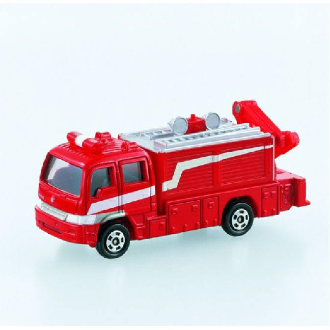 Red toy fire truck with a crane arm and silver accents.