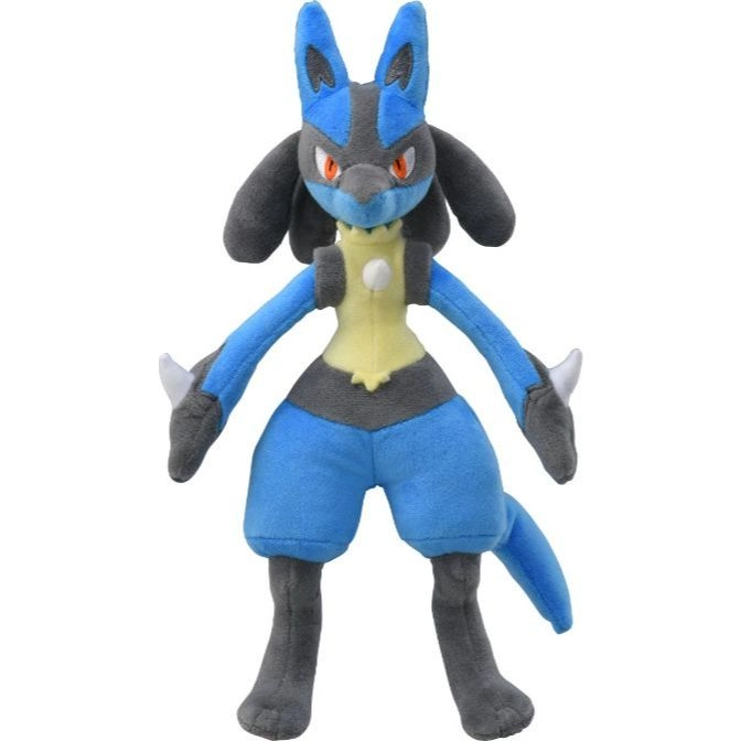 Lucario plush toy with blue, gray, and yellow colors standing upright.