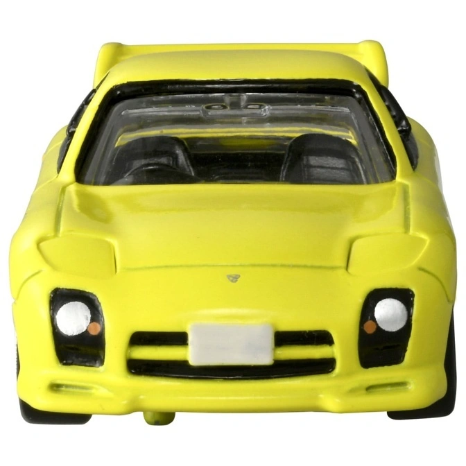  Yellow toy car with black interior and spoiler, front view.
