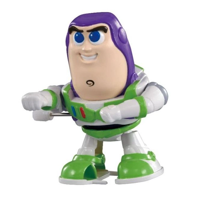 Buzz Lightyear wind-up toy with green and white suit, purple hood, and blue eyes.