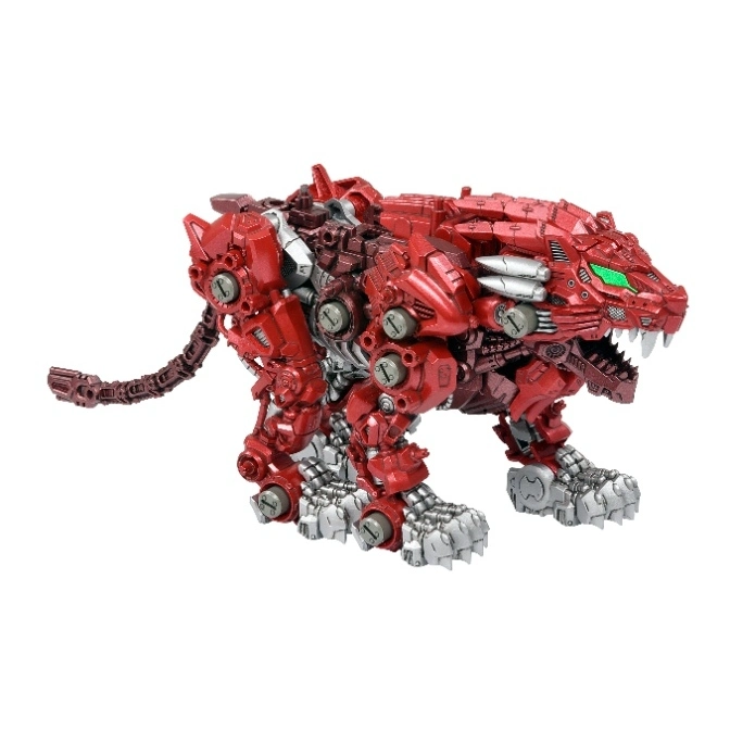  Red robotic tiger toy with green eyes and silver accents.