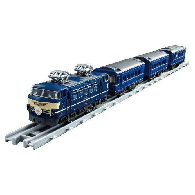 Blue toy train with locomotive and passenger cars on gray tracks.