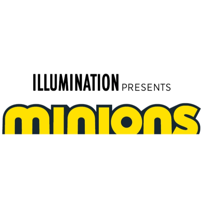  Illumination Presents Minions logo. Yellow, cartoonish font with dark blue outline.