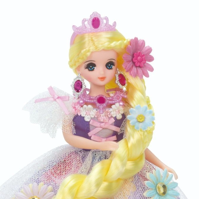  Doll with blonde braid, pink crown, flower accents, and purple dress.