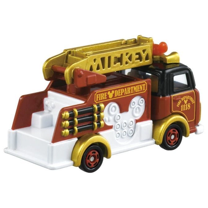  Mickey Mouse fire truck toy with ladder, "Fire Department" decals, and white/red/gold color scheme.