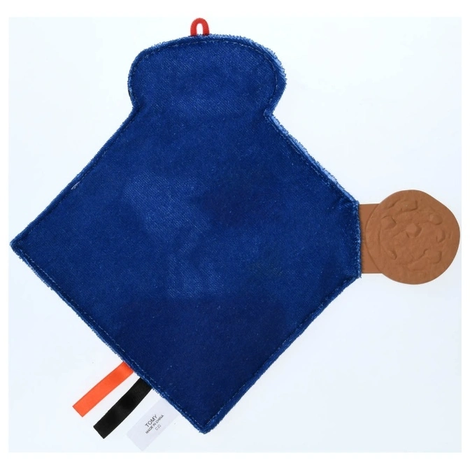  Blue baby comforter with a brown teether and colorful ribbons. Features a loop for hanging.