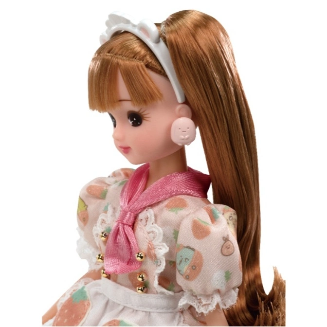  Licca-chan doll with strawberry dress, pink ribbon, and white headband.