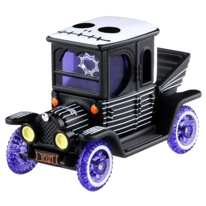 Nightmare Before Christmas toy car with skull roof, spiderweb window, and purple wheels.