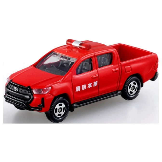 Red toy Toyota Hilux fire truck with light bar and Japanese text on the door.