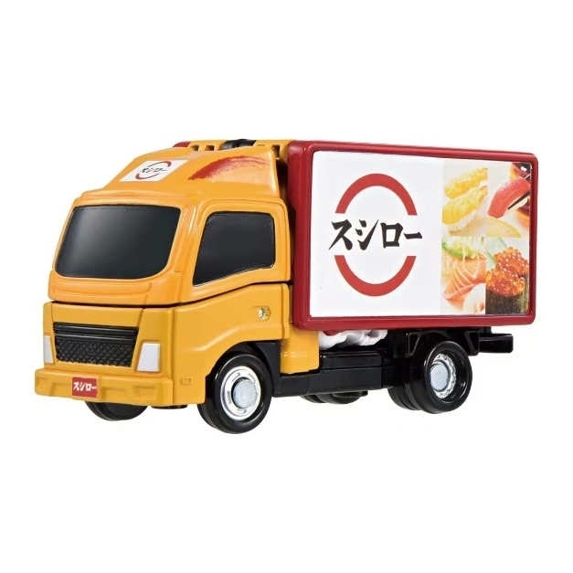  Yellow toy sushi delivery truck with sushi graphics on the side.