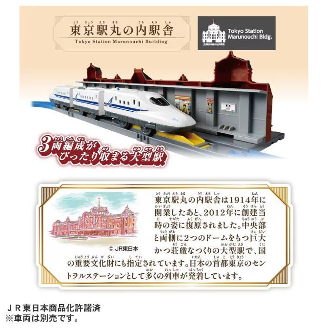  This is a product image of a toy train set that replicates the Tokyo Station Marunouchi Building. The set includes a model of the station building and a bullet train. The image also features text in Japanese and English, indicating the product's name and some details about the real-life Tokyo Station Marunouchi Building.