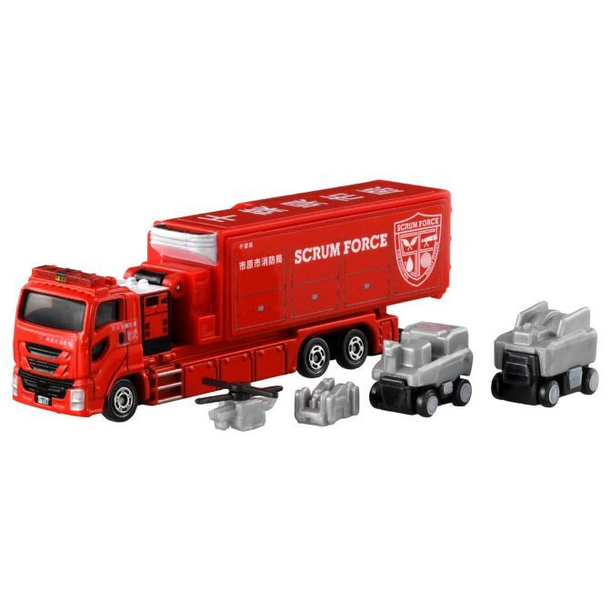  Red Scrum Force fire truck toy with detachable vehicles and helicopter.