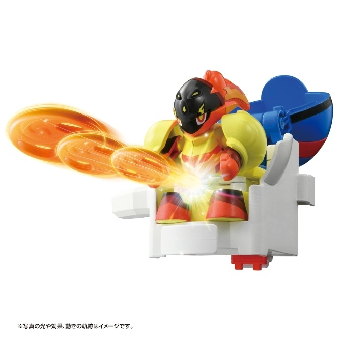 Yellow and red toy robot firing orange discs from a white launcher.