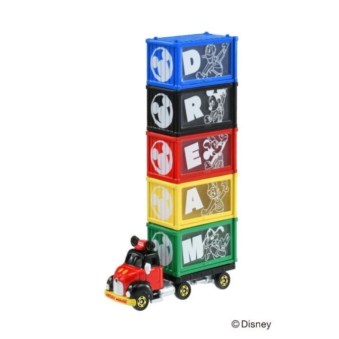  Mickey Mouse toy truck with stacked DREAM blocks.