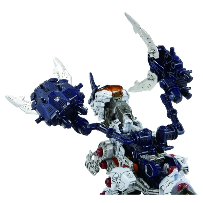  Blue and white Zoid model kit with articulated arms and weapon attachments.