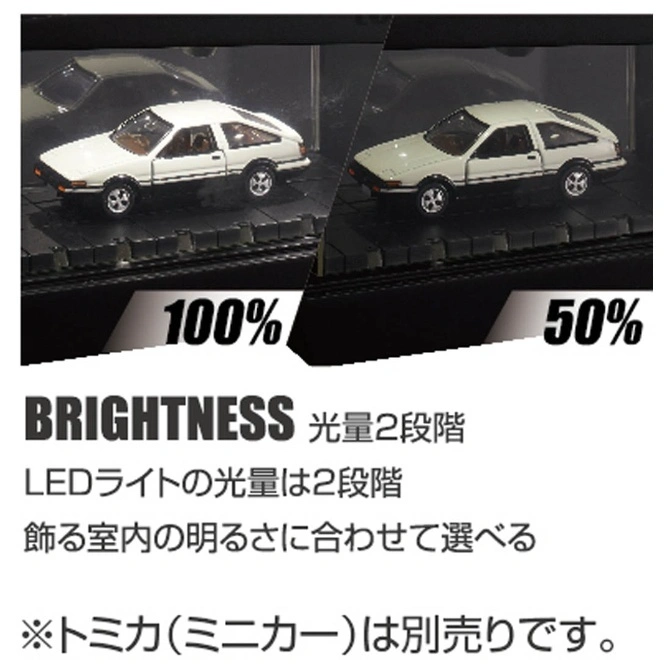  Toy car display with adjustable brightness: 100% and 50% settings shown.