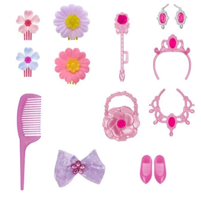  Toy set with comb, flowers, wand, jewelry, purse, bow, and shoes for dress-up play.