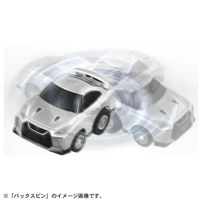  Silver toy car in motion, showing a spinning effect.