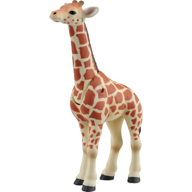 Toy giraffe with brown spots, standing upright.