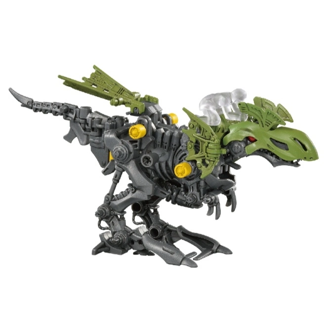 Green and gray dinosaur robot toy with a clear figure riding on top.