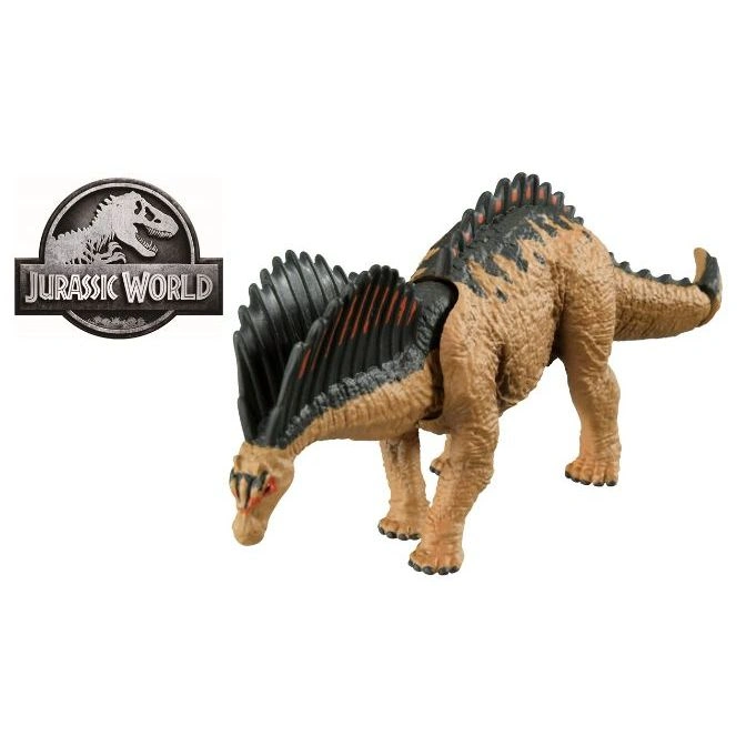  Dimetrodon dinosaur toy with a brown body and a black sail on its back, next to the Jurassic World logo.