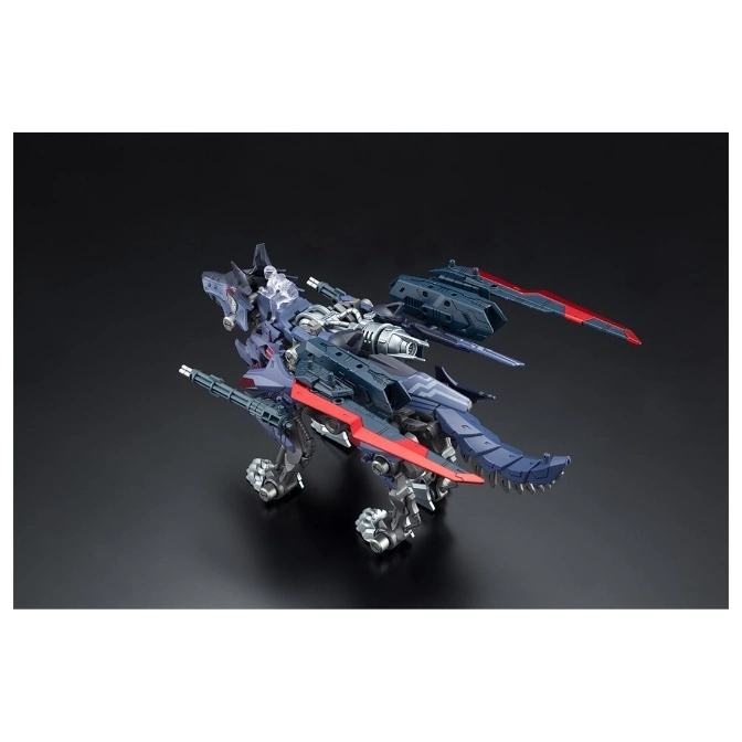 Dark blue Zoid model kit with red blades, standing on a dark surface.