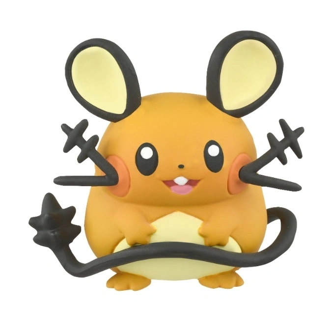 Dedenne toy figure with yellow body, black tail, and circular ears.