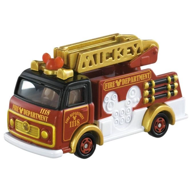 Mickey Mouse fire engine toy with ladder, red and gold accents, and "Fire Department" markings.