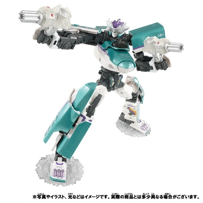  Green and white transforming robot toy with clear Gatling guns, posed dynamically on a clear stand.