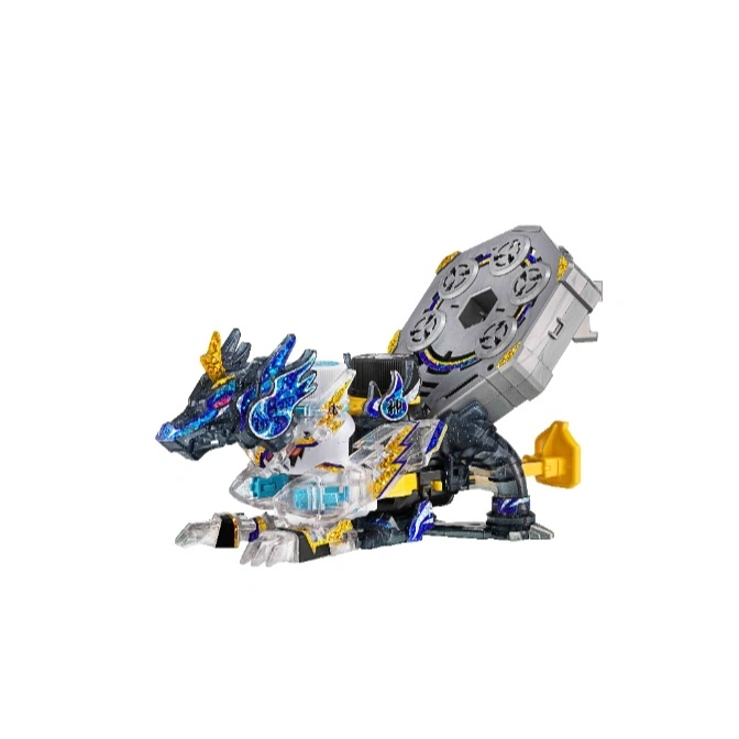 Dragon-shaped toy with translucent parts and a grey, disc-shaped launcher on its back.