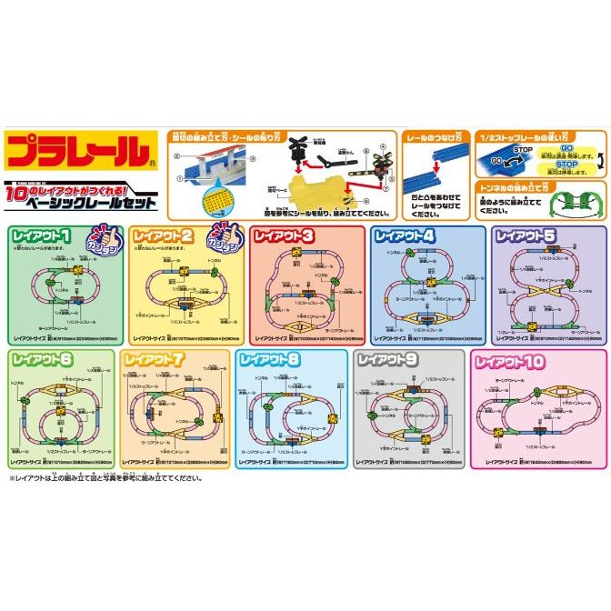  A product image of a Plarail train set, showcasing ten different track layouts with instructions and diagrams.