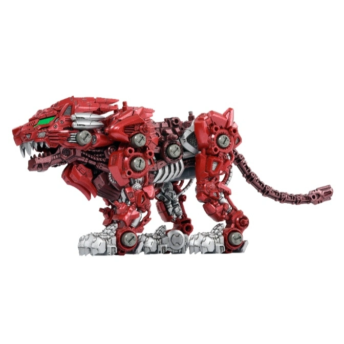  Red robotic tiger toy with green eyes and silver paws, posed in a walking stance.