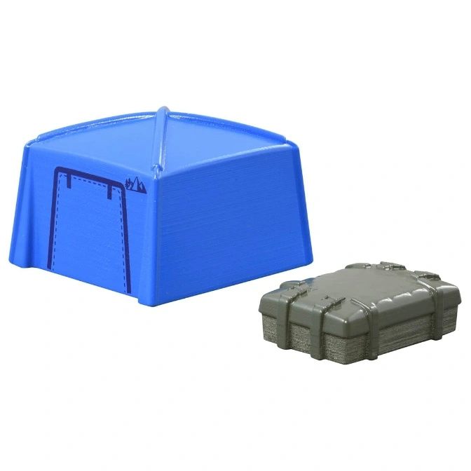  Toy camping set with a blue tent and a grey storage box.