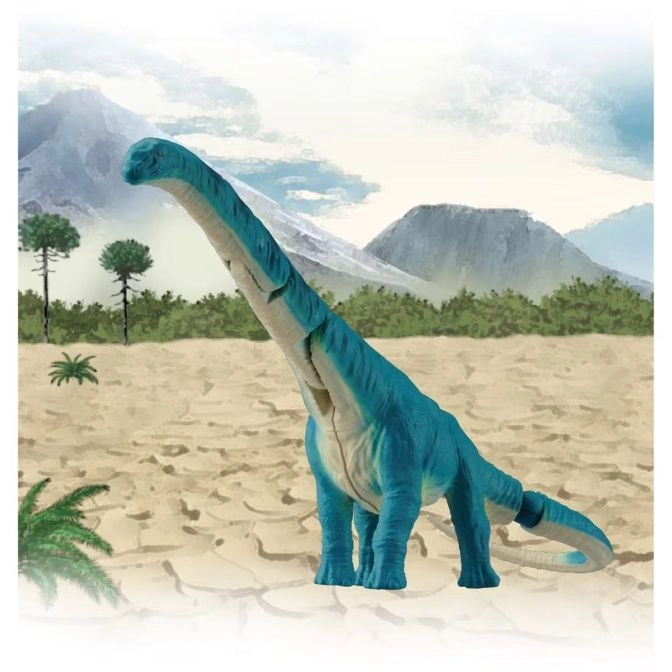  Blue Brachiosaurus toy standing in a desert landscape with mountains in the background.