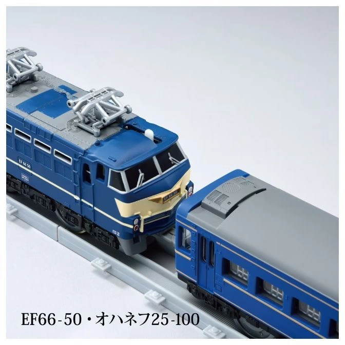  Blue toy train set with locomotive and passenger car on gray tracks.
