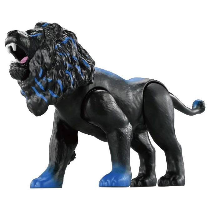  Black toy lion with blue accents roaring, showing teeth and pink mouth.