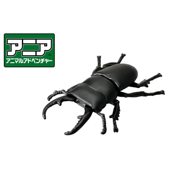  Black stag beetle toy with large mandibles and six legs, next to the Ania logo.