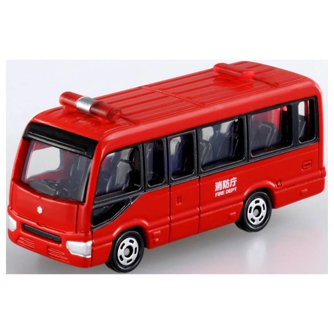  Red toy fire department bus with lights on top and Japanese writing on the side.