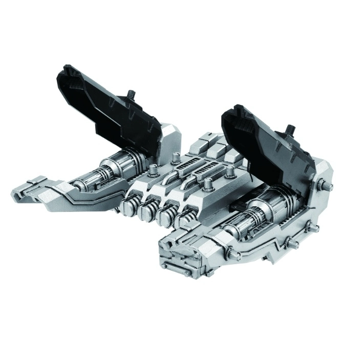  Silver toy spaceship with black hatches open, revealing engine details.