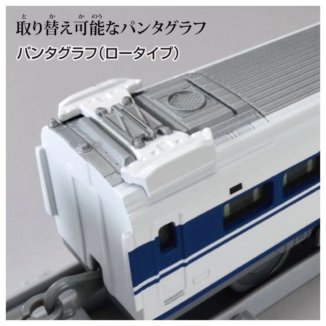  Toy train with blue stripe and pantograph on top.