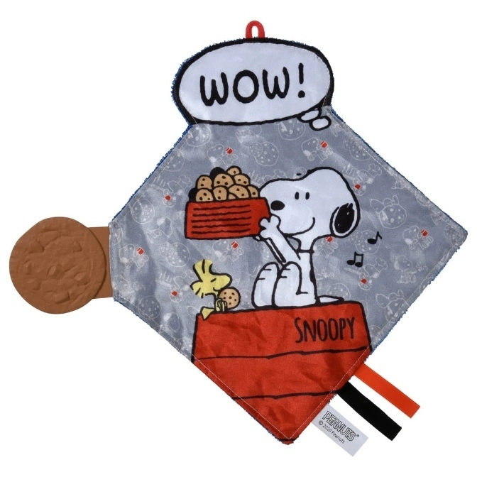 Snoopy security blanket with a cookie teether and the word "WOW!"