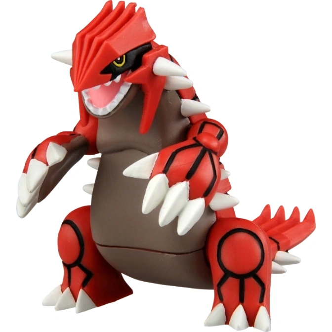 Groudon toy figure, red with white spikes, in a standing pose.