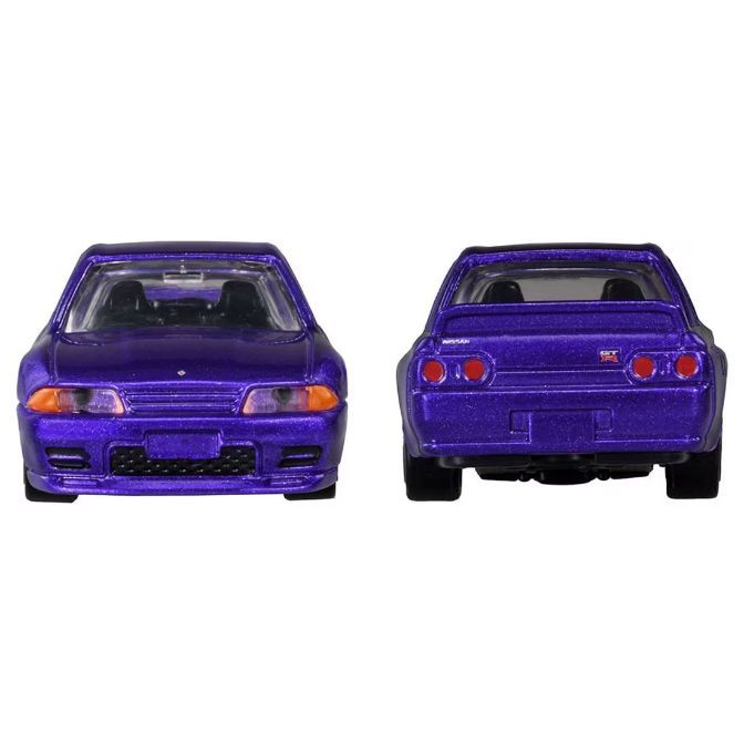  Purple Nissan Skyline GT-R (R32) toy car, front and rear views.
