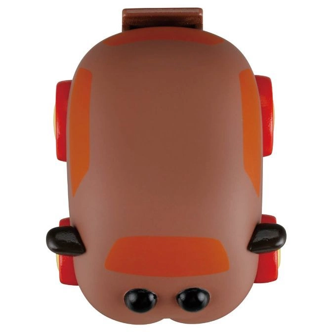  Brown toy car with orange accents, black eyes, and red wheels.