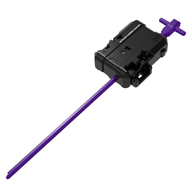  Black Beyblade X launcher with purple grip and ripcord.